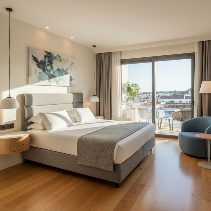 Warmly lit hotel room with a king bed, framed artwork and a full-length mirror
